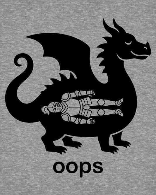 Oops shirt in sport grey with a smug dragon silhouette and an unlucky armored knight swallowed whole