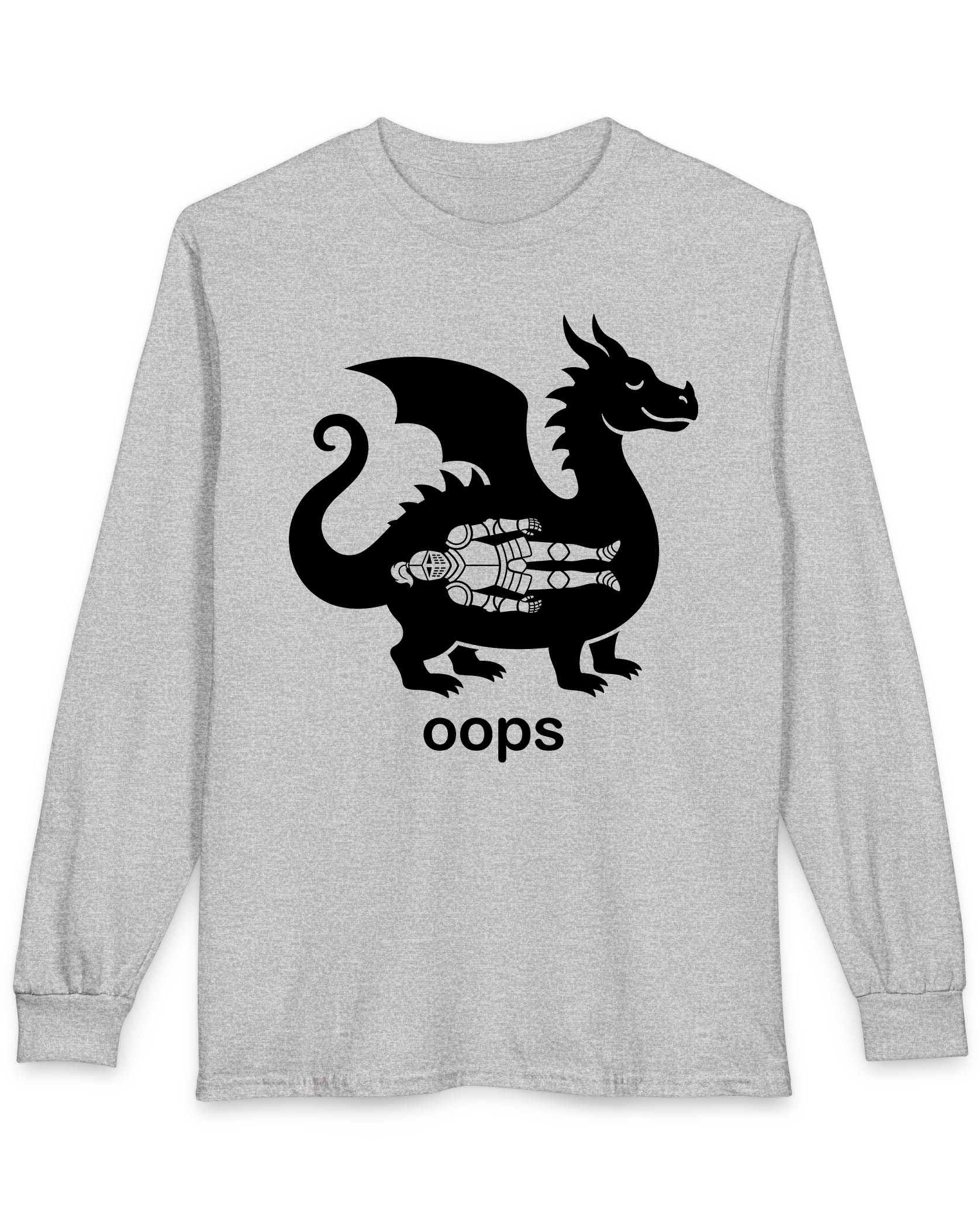 Oops shirt in sport grey with a smug dragon silhouette and an unlucky armored knight swallowed whole