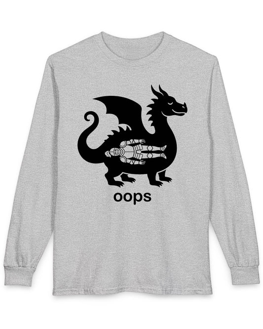 Oops shirt in sport grey with a smug dragon silhouette and an unlucky armored knight swallowed whole