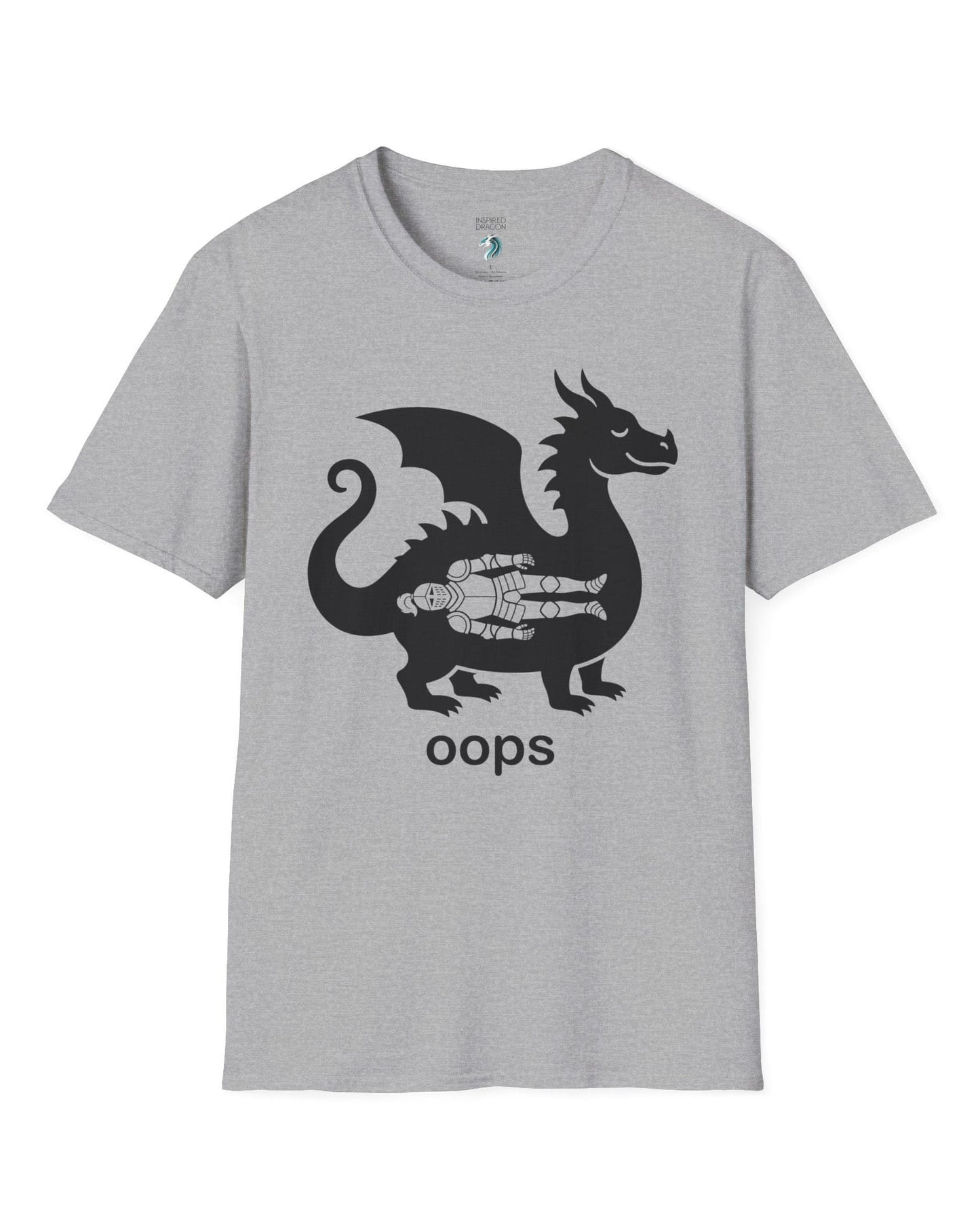Oops shirt in sport grey with a smug dragon silhouette and an unlucky armored knight swallowed whole