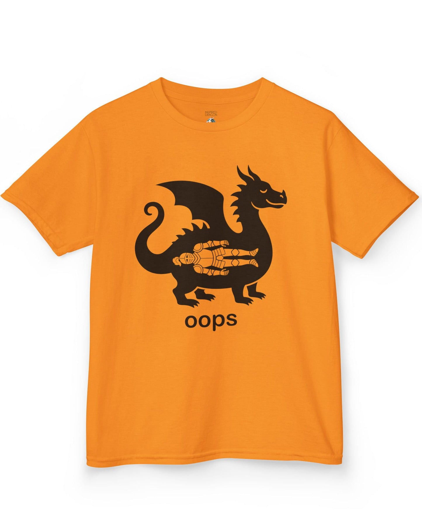 Oops shirt in orange with a smug dragon silhouette and an unlucky armored knight swallowed whole