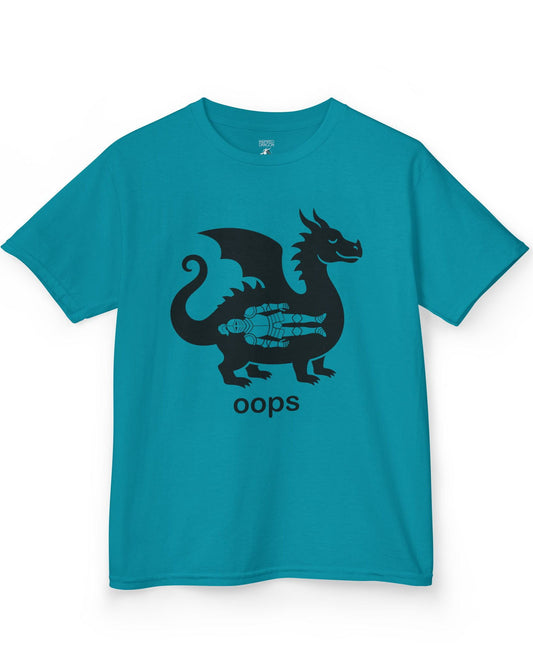 Oops shirt in tropical blue with a smug dragon silhouette and an unlucky armored knight swallowed whole