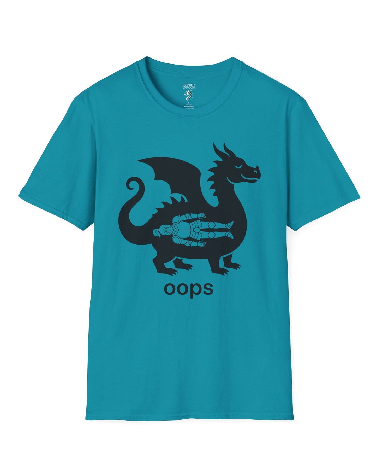 Oops shirt in tropical blue with a smug dragon silhouette and an unlucky armored knight swallowed whole