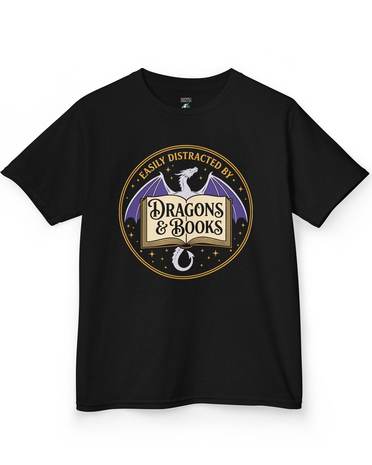 Easily Distracted shirt in black with a mystical dragon, open book, and cozy fantasy reader vibes