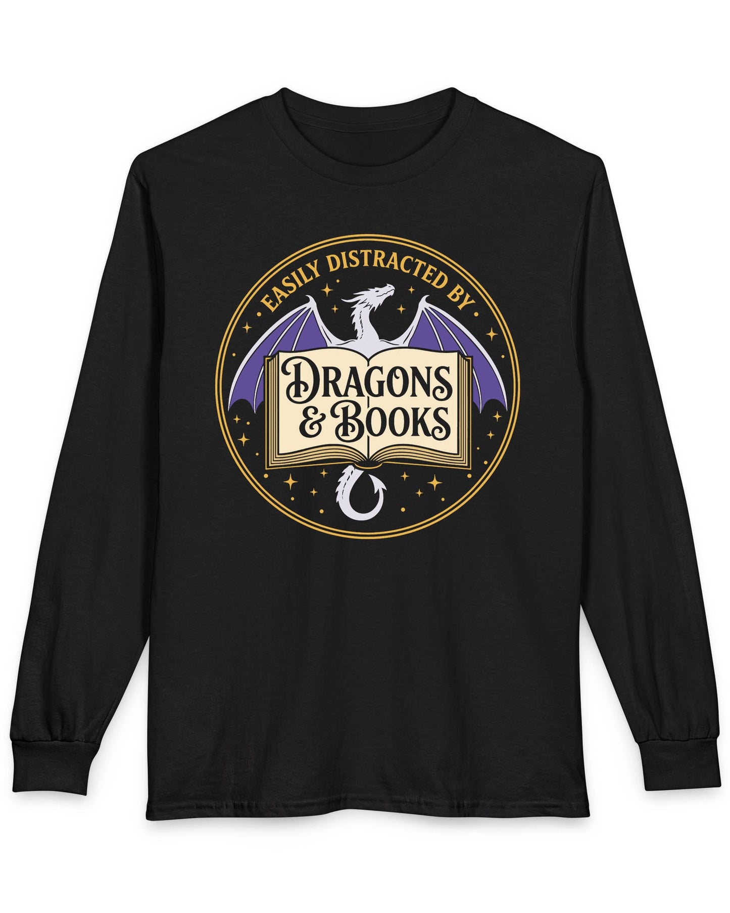 Easily Distracted shirt in black with a mystical dragon, open book, and cozy fantasy reader vibes