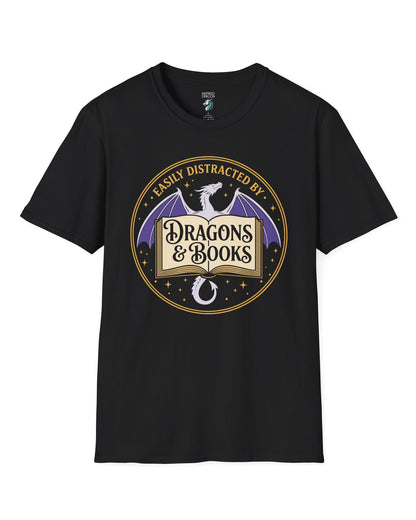 Easily Distracted shirt in black with a mystical dragon, open book, and cozy fantasy reader vibes