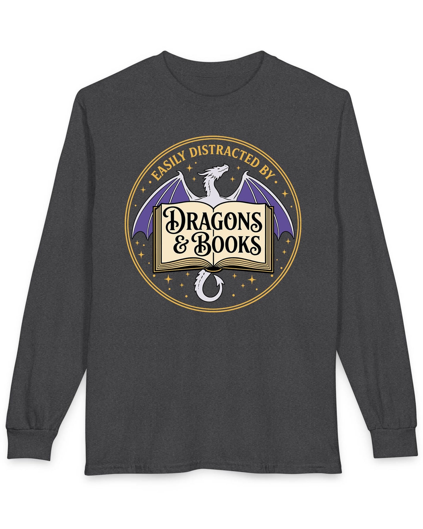 Easily Distracted shirt in dark heather with a mystical dragon, open book, and cozy fantasy reader vibes