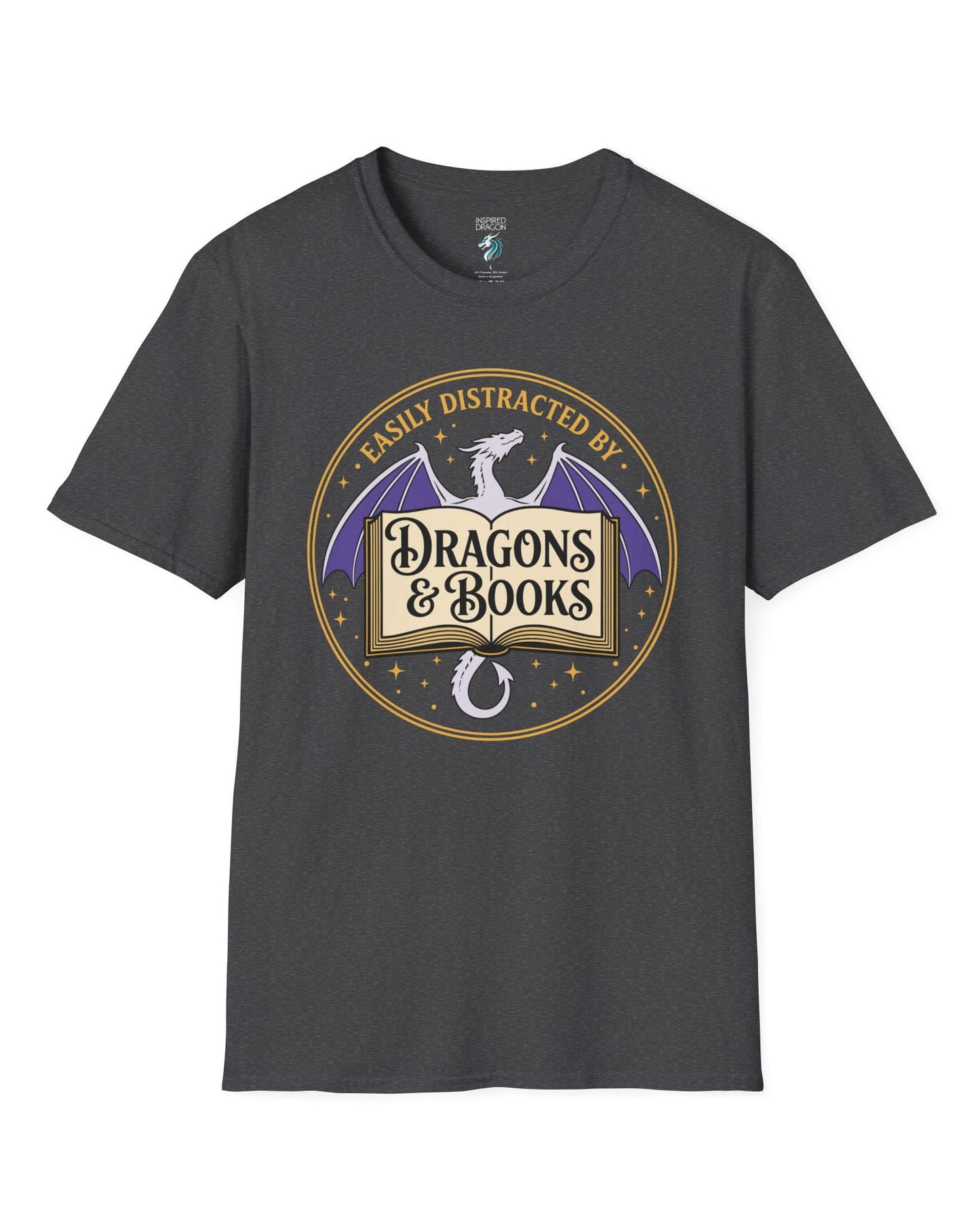Easily Distracted shirt in dark heather with a mystical dragon, open book, and cozy fantasy reader vibes