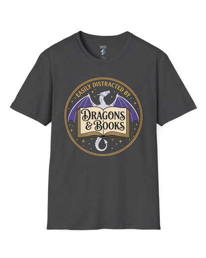 Easily Distracted shirt in dark heather with a mystical dragon, open book, and cozy fantasy reader vibes