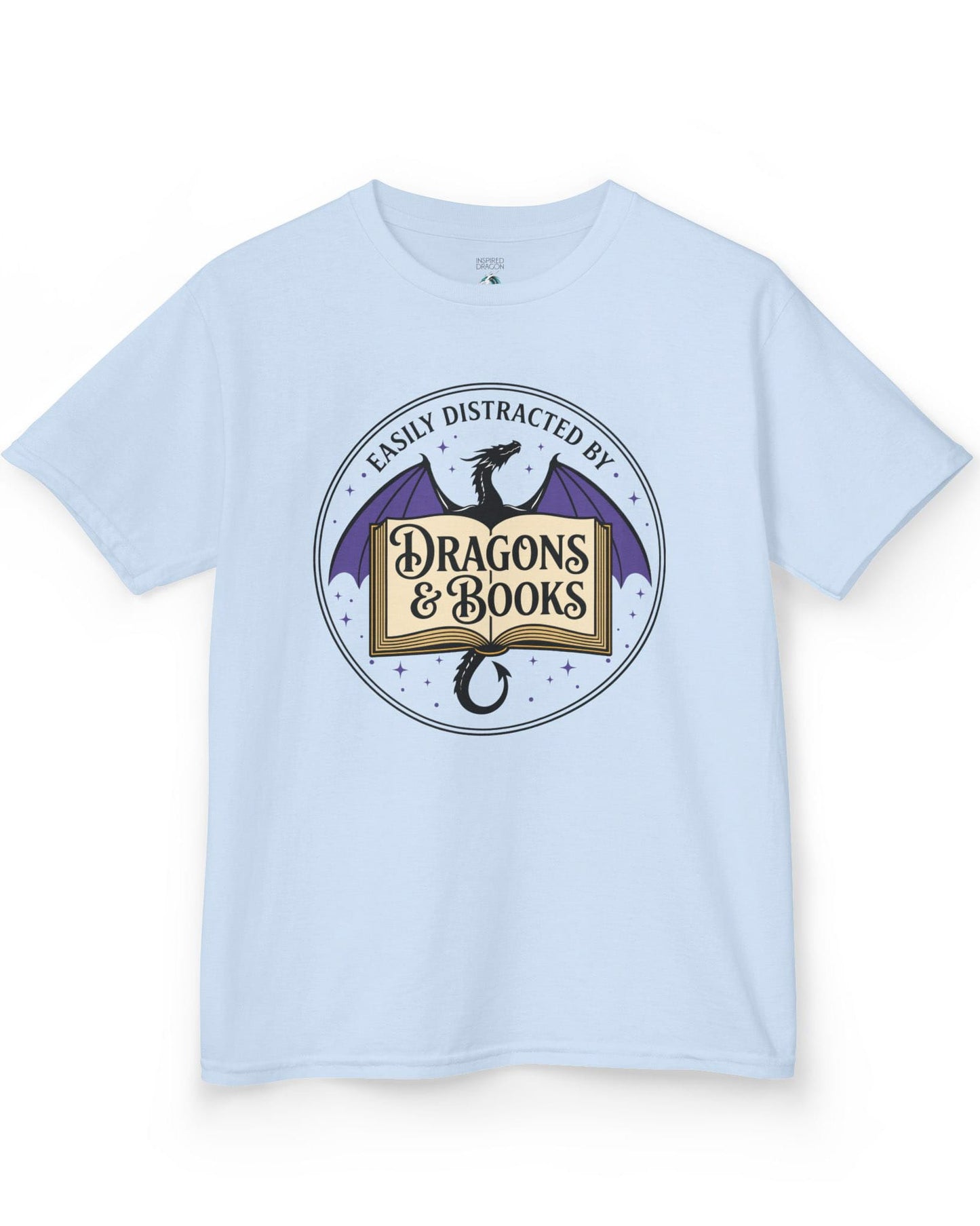Easily Distracted shirt in light blue with a mystical dragon, open book, and cozy fantasy reader vibes