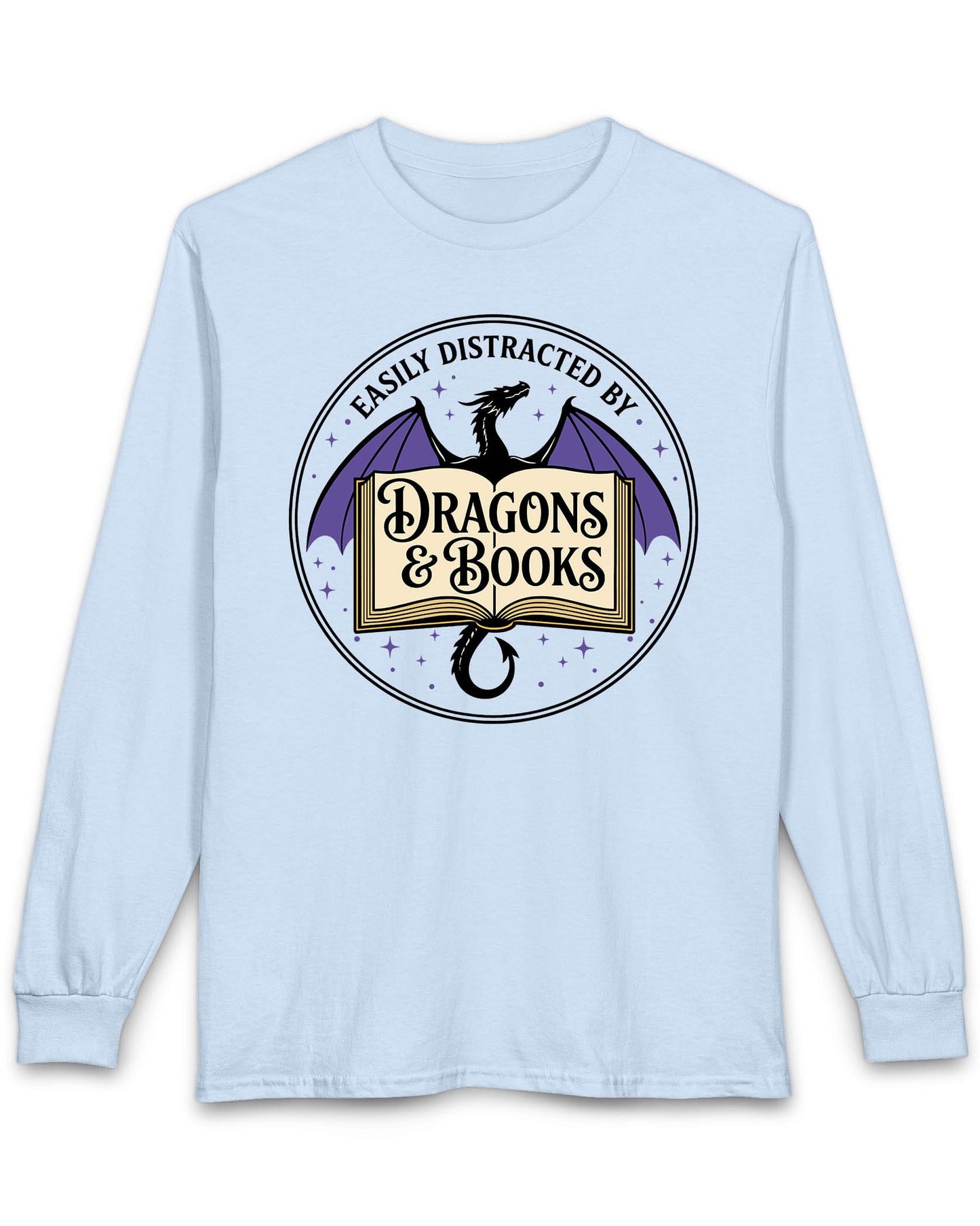 Easily Distracted shirt in light blue with a mystical dragon, open book, and cozy fantasy reader vibes