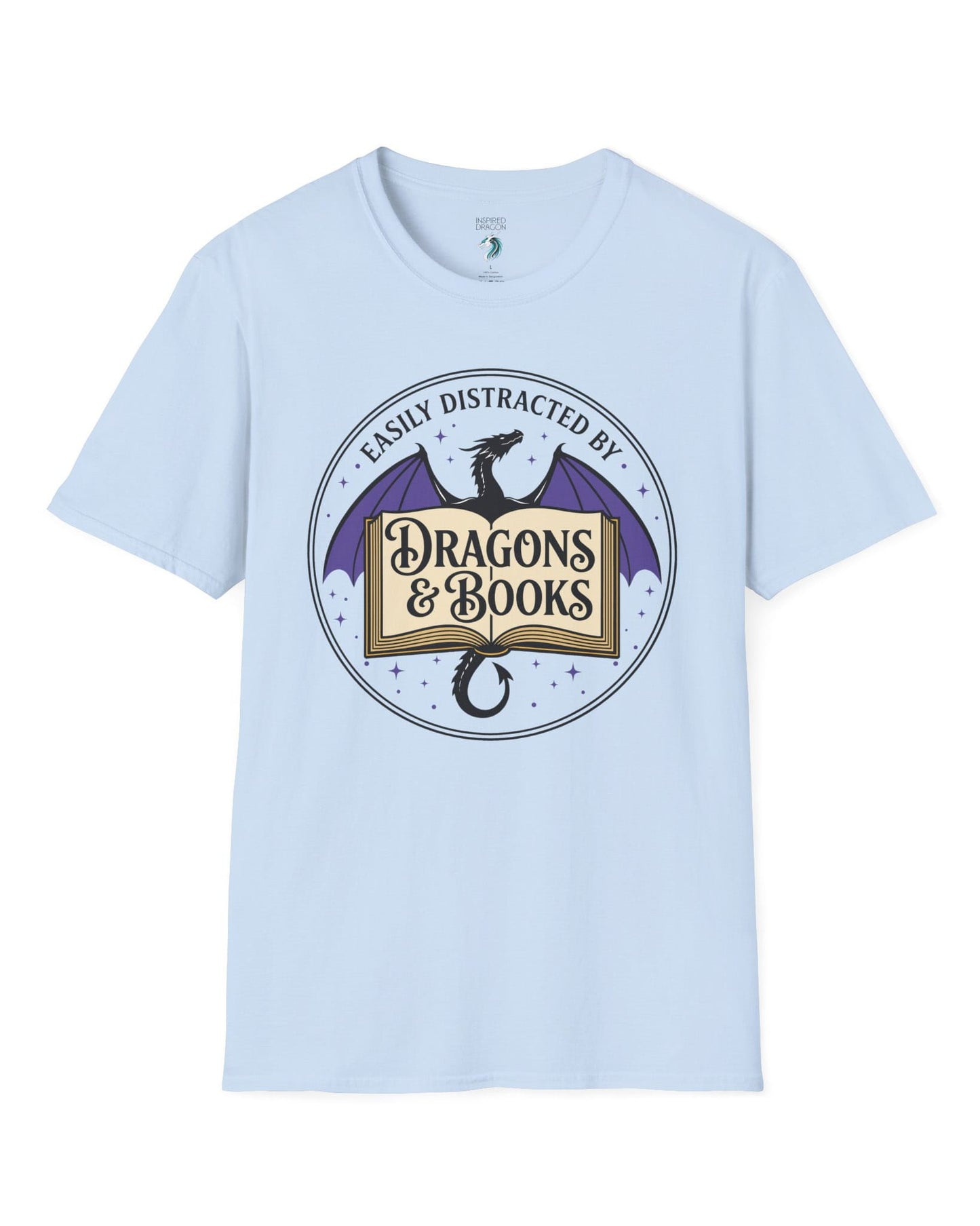 Easily Distracted shirt in light blue with a mystical dragon, open book, and cozy fantasy reader vibes