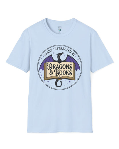 Easily Distracted shirt in light blue with a mystical dragon, open book, and cozy fantasy reader vibes