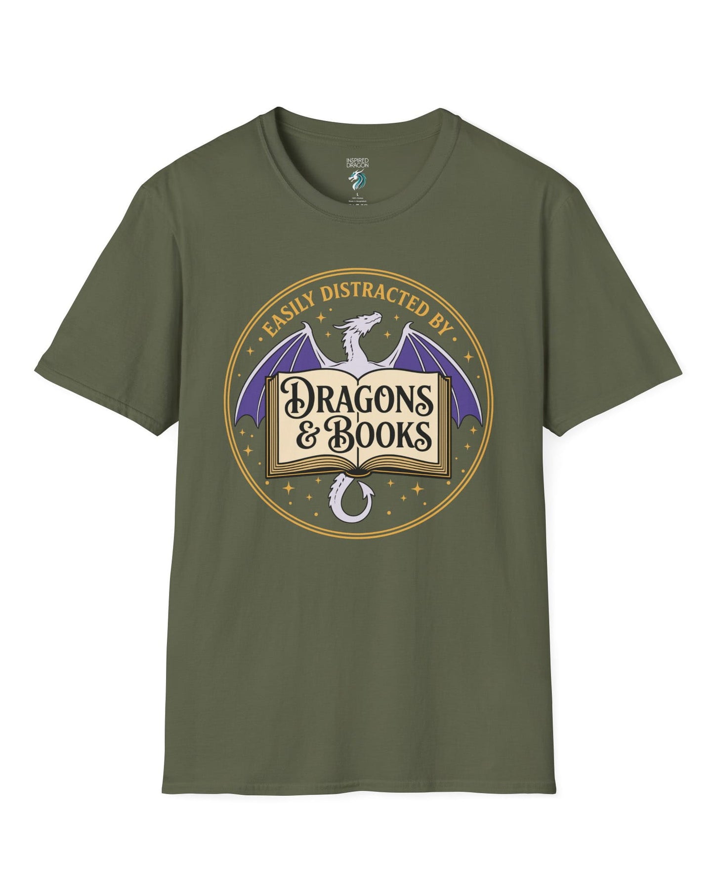Easily Distracted shirt in military green with a mystical dragon, open book, and cozy fantasy reader vibes