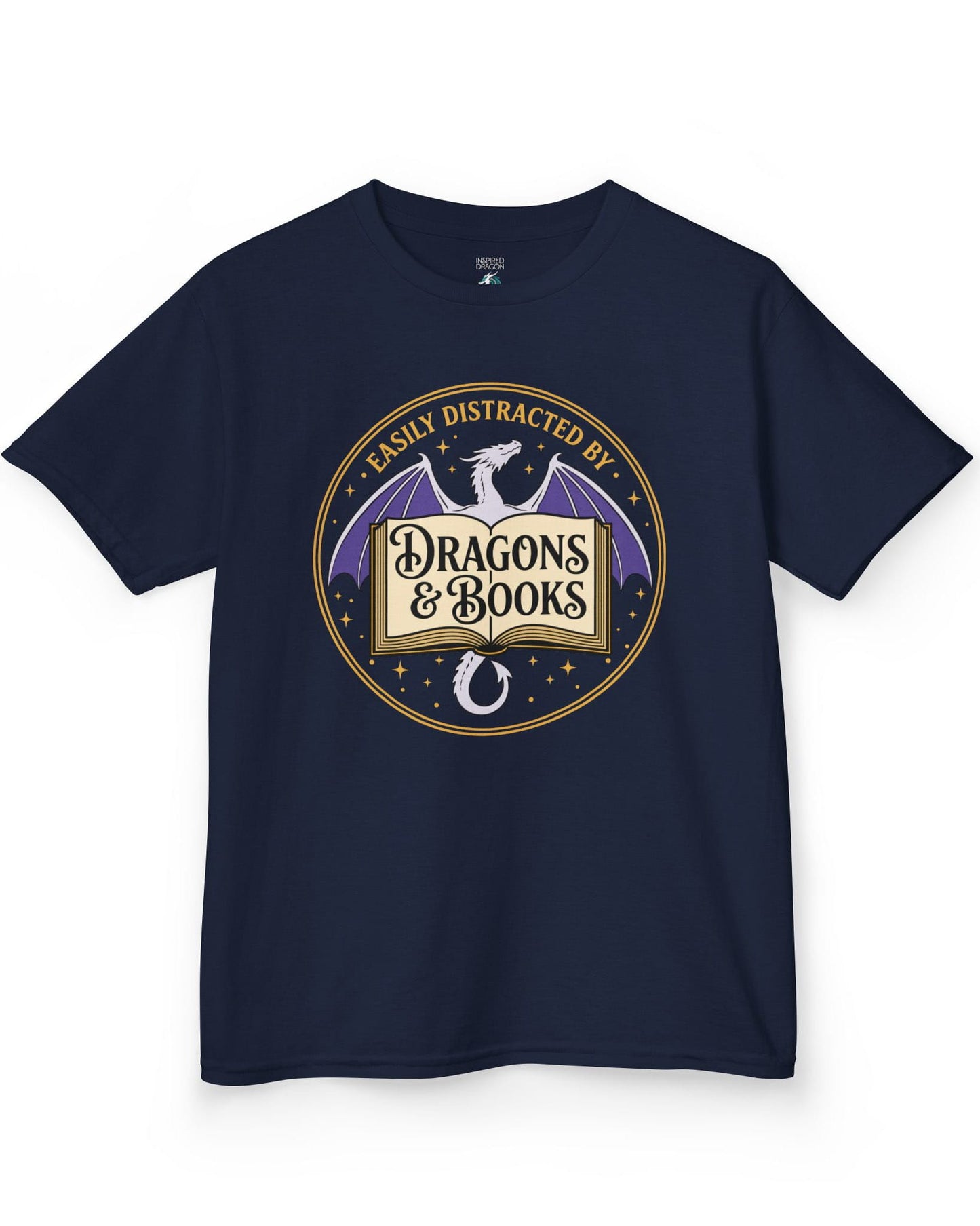 Easily Distracted shirt in navy with a mystical dragon, open book, and cozy fantasy reader vibes