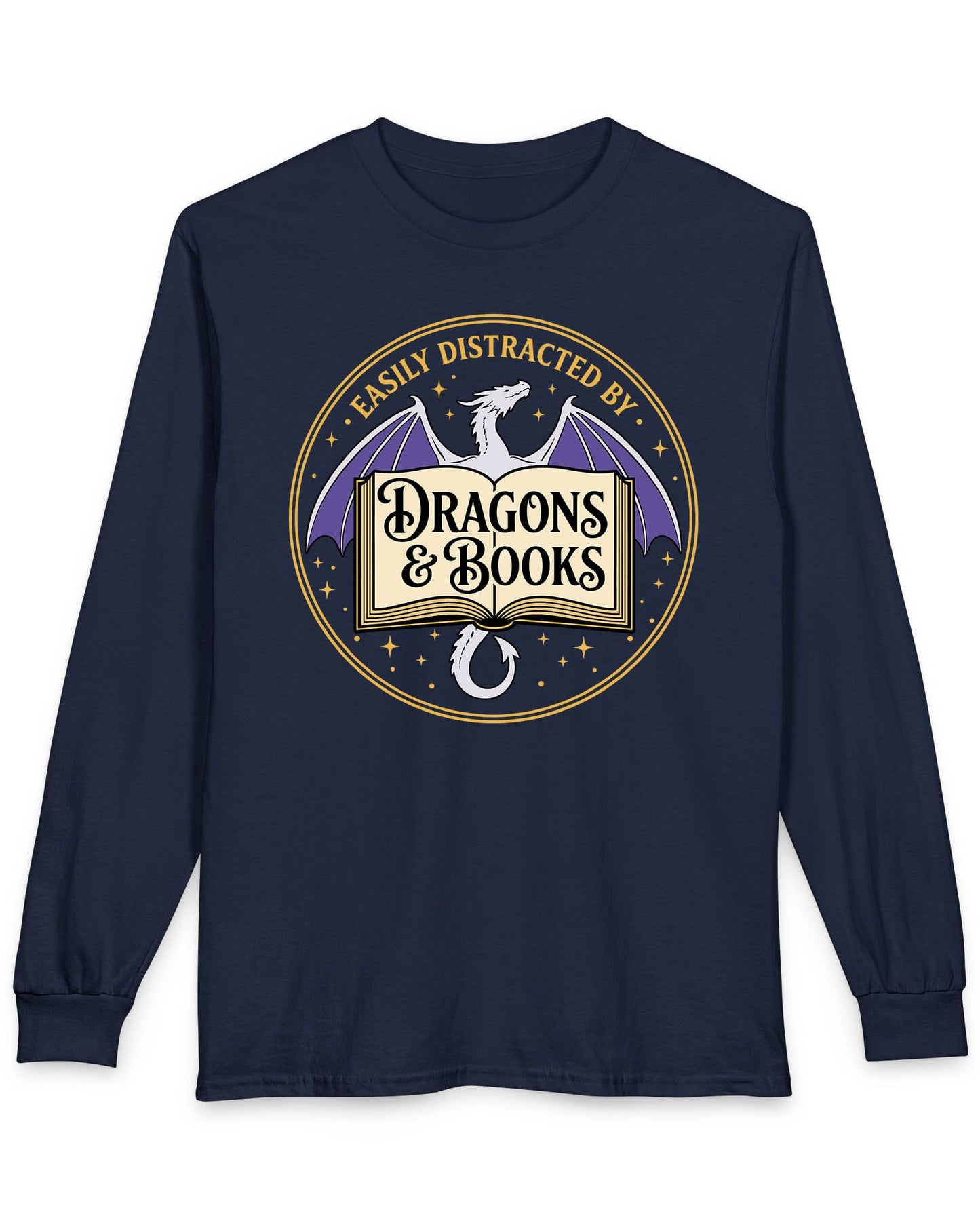 Easily Distracted shirt in navy with a mystical dragon, open book, and cozy fantasy reader vibes