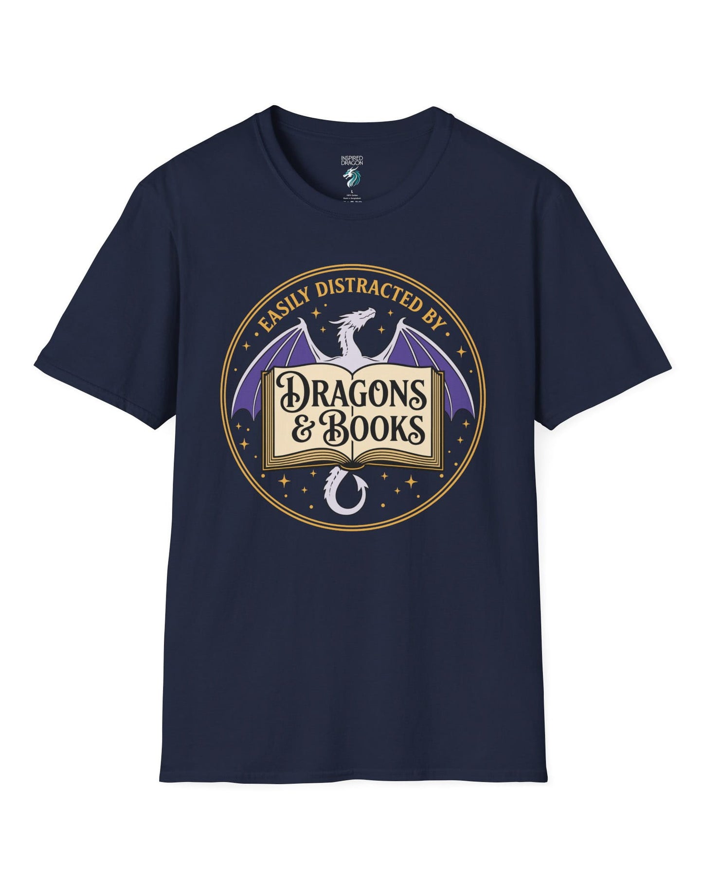 Easily Distracted shirt in navy with a mystical dragon, open book, and cozy fantasy reader vibes