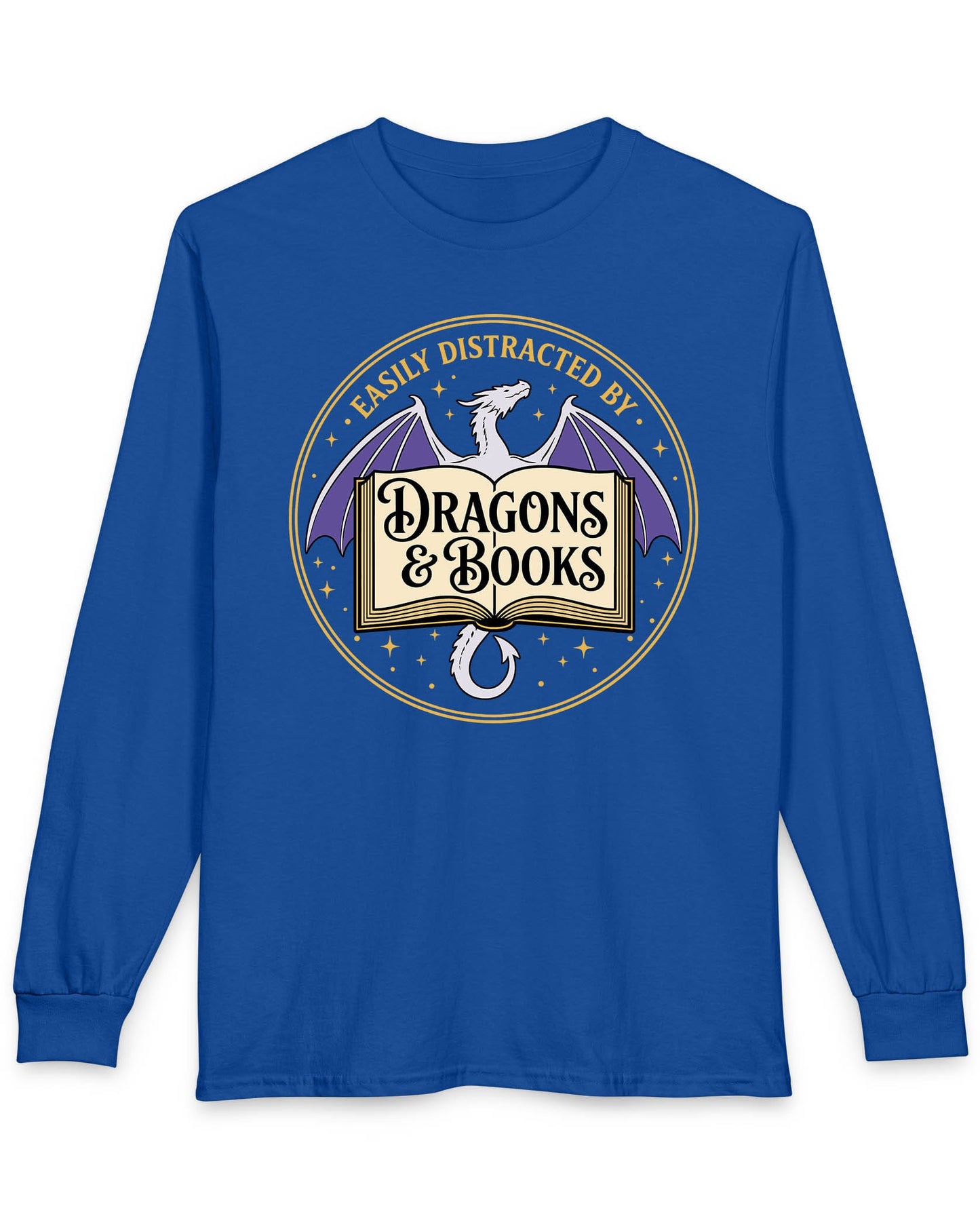 Easily Distracted shirt in royal blue with a mystical dragon, open book, and cozy fantasy reader vibes