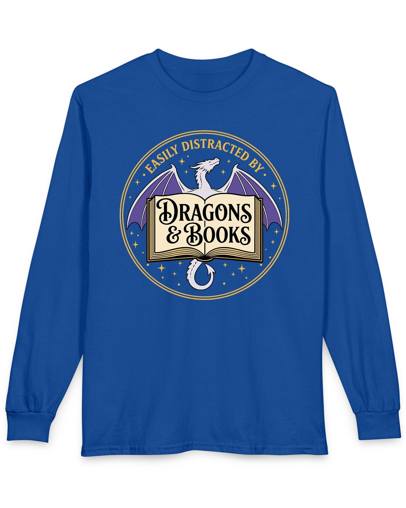 Easily Distracted shirt in royal blue with a mystical dragon, open book, and cozy fantasy reader vibes