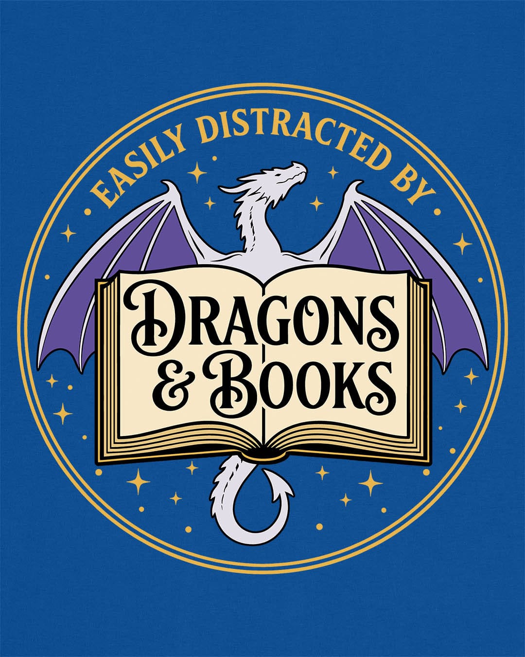 Easily Distracted shirt in royal blue with a mystical dragon, open book, and cozy fantasy reader vibes