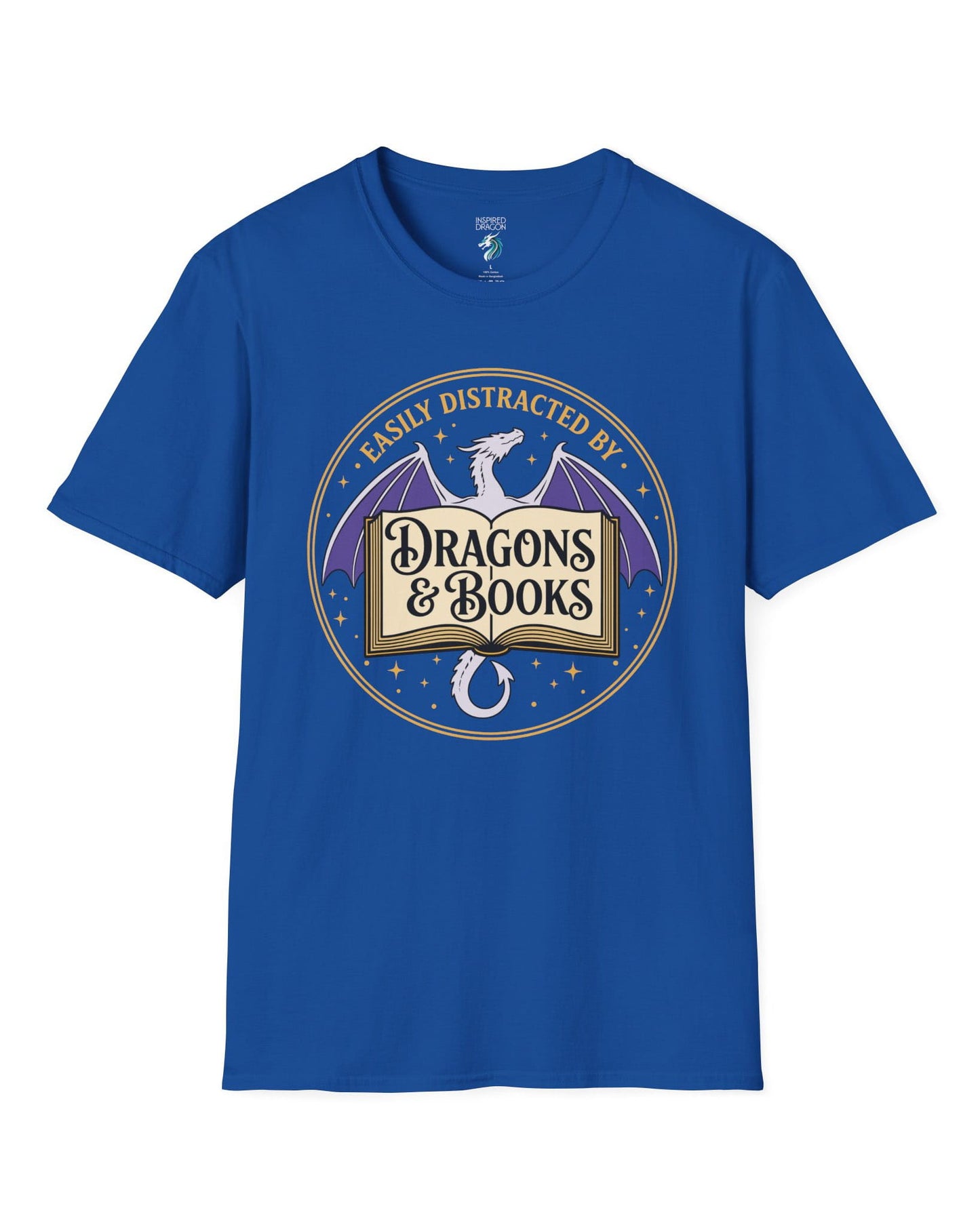Easily Distracted shirt in royal blue with a mystical dragon, open book, and cozy fantasy reader vibes