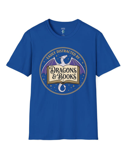 Easily Distracted shirt in royal blue with a mystical dragon, open book, and cozy fantasy reader vibes