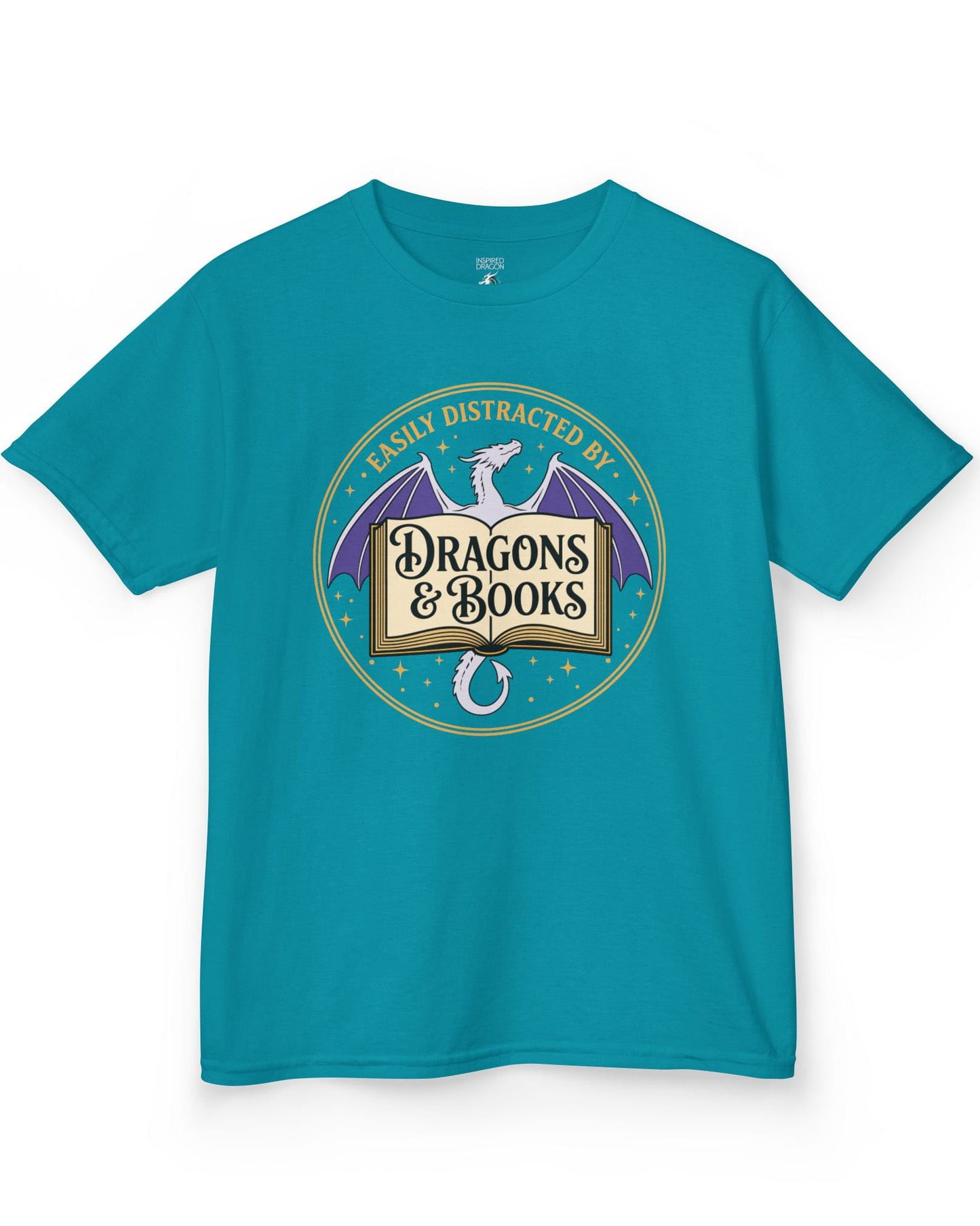 Easily Distracted shirt in tropical blue with a mystical dragon, open book, and cozy fantasy reader vibes