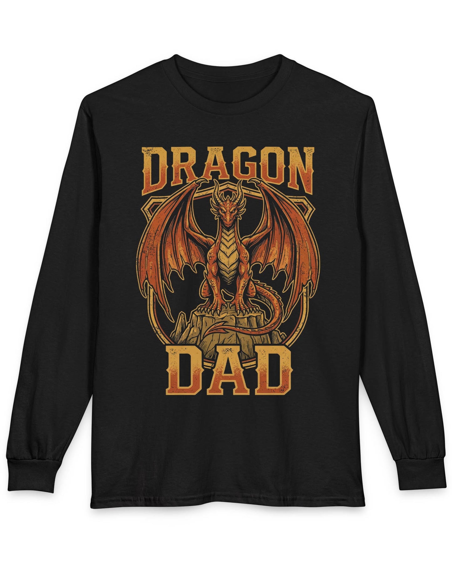 Vintage Dragon Dad shirt in black with a powerful orange dragon in distressed retro style for proud dragon dads
