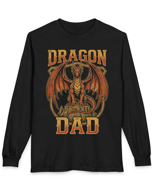 Vintage Dragon Dad shirt in black with a powerful orange dragon in distressed retro style for proud dragon dads
