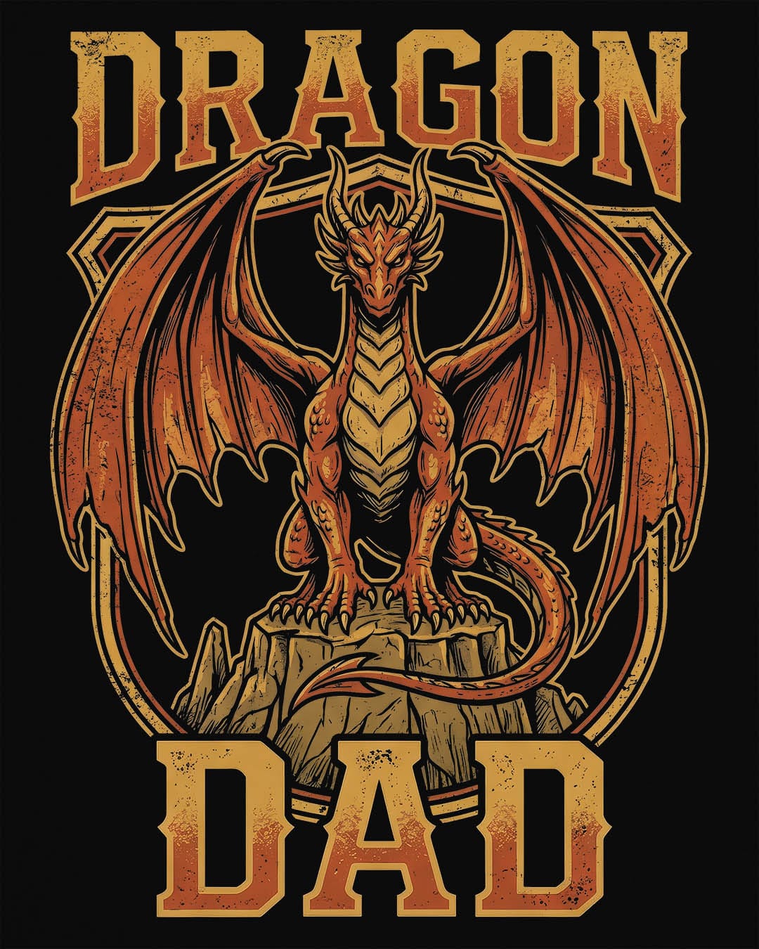 Vintage Dragon Dad shirt in black with a powerful orange dragon in distressed retro style for proud dragon dads