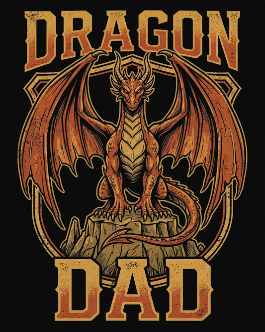 Vintage Dragon Dad shirt in black with a powerful orange dragon in distressed retro style for proud dragon dads