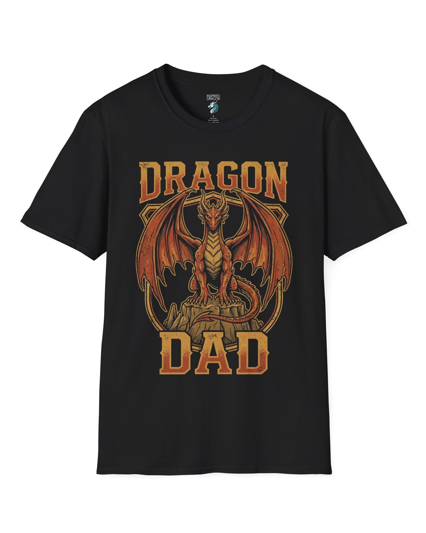 Vintage Dragon Dad shirt in black with a powerful orange dragon in distressed retro style for proud dragon dads
