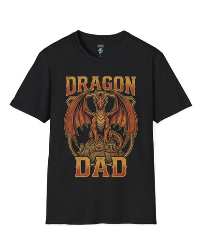 Vintage Dragon Dad shirt in black with a powerful orange dragon in distressed retro style for proud dragon dads
