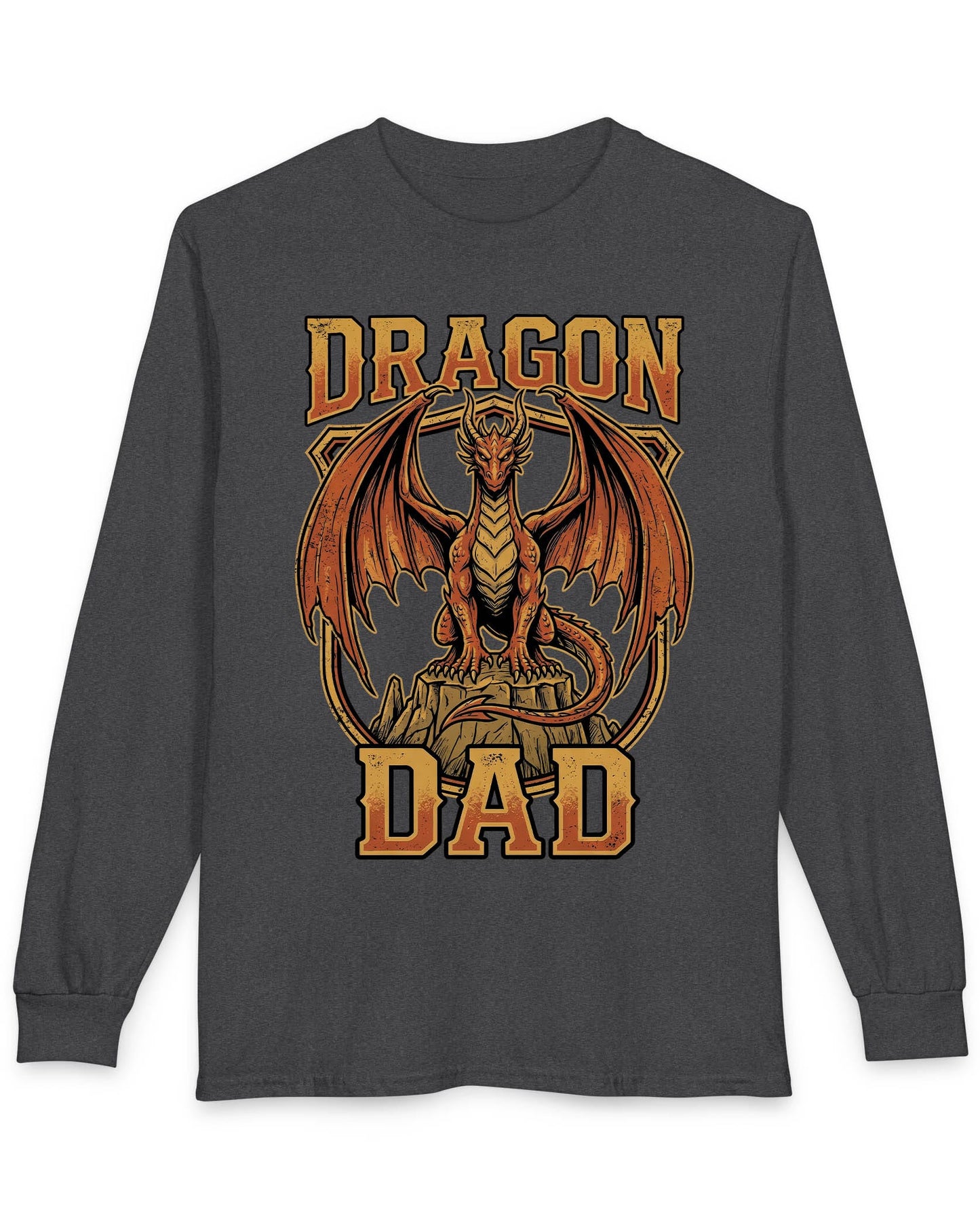 Vintage Dragon Dad shirt in dark heather with a powerful orange dragon in distressed retro style for proud dragon dads