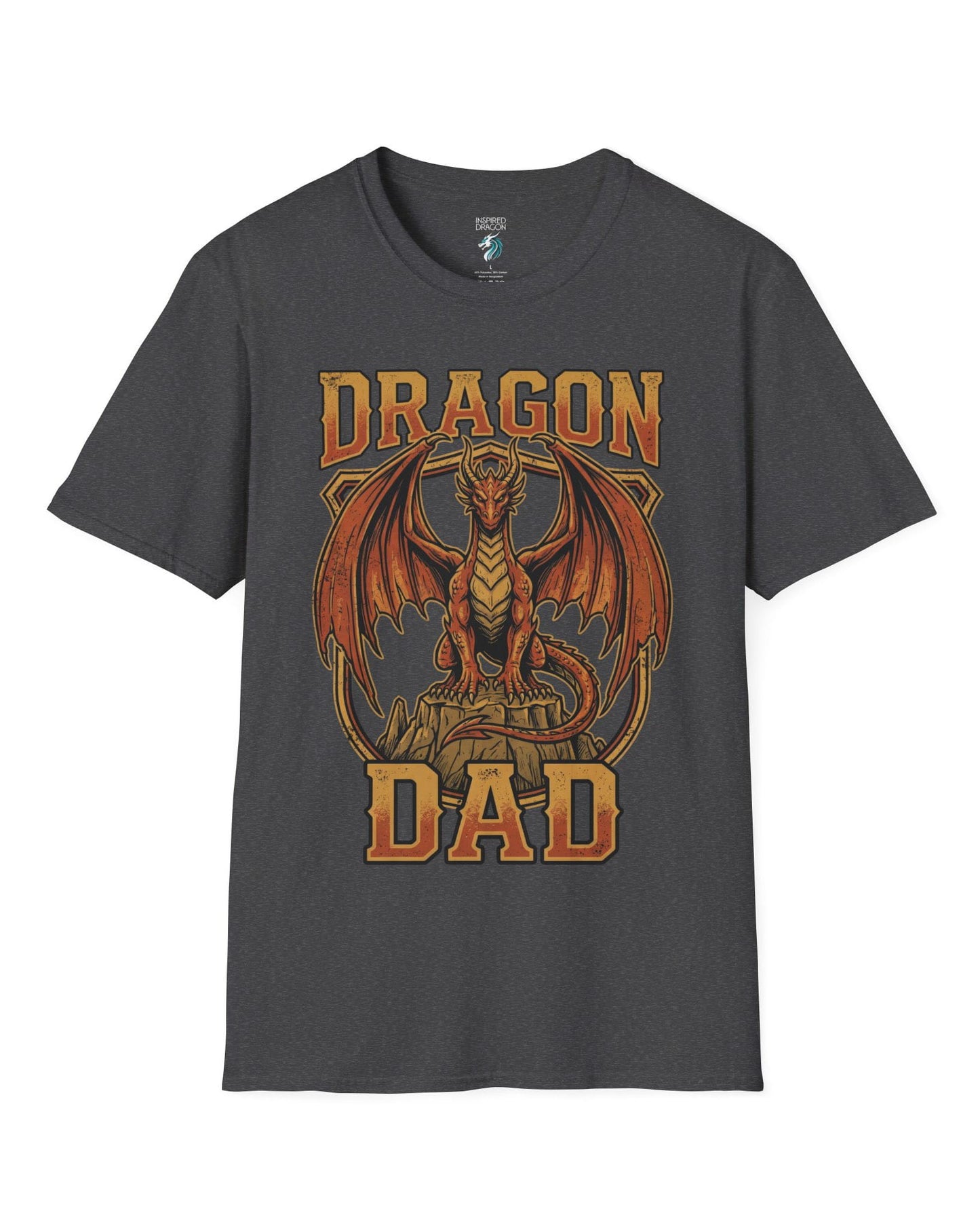 Vintage Dragon Dad shirt in dark heather with a powerful orange dragon in distressed retro style for proud dragon dads