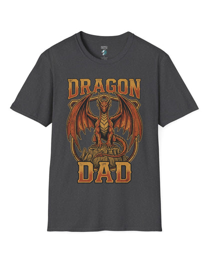 Vintage Dragon Dad shirt in dark heather with a powerful orange dragon in distressed retro style for proud dragon dads
