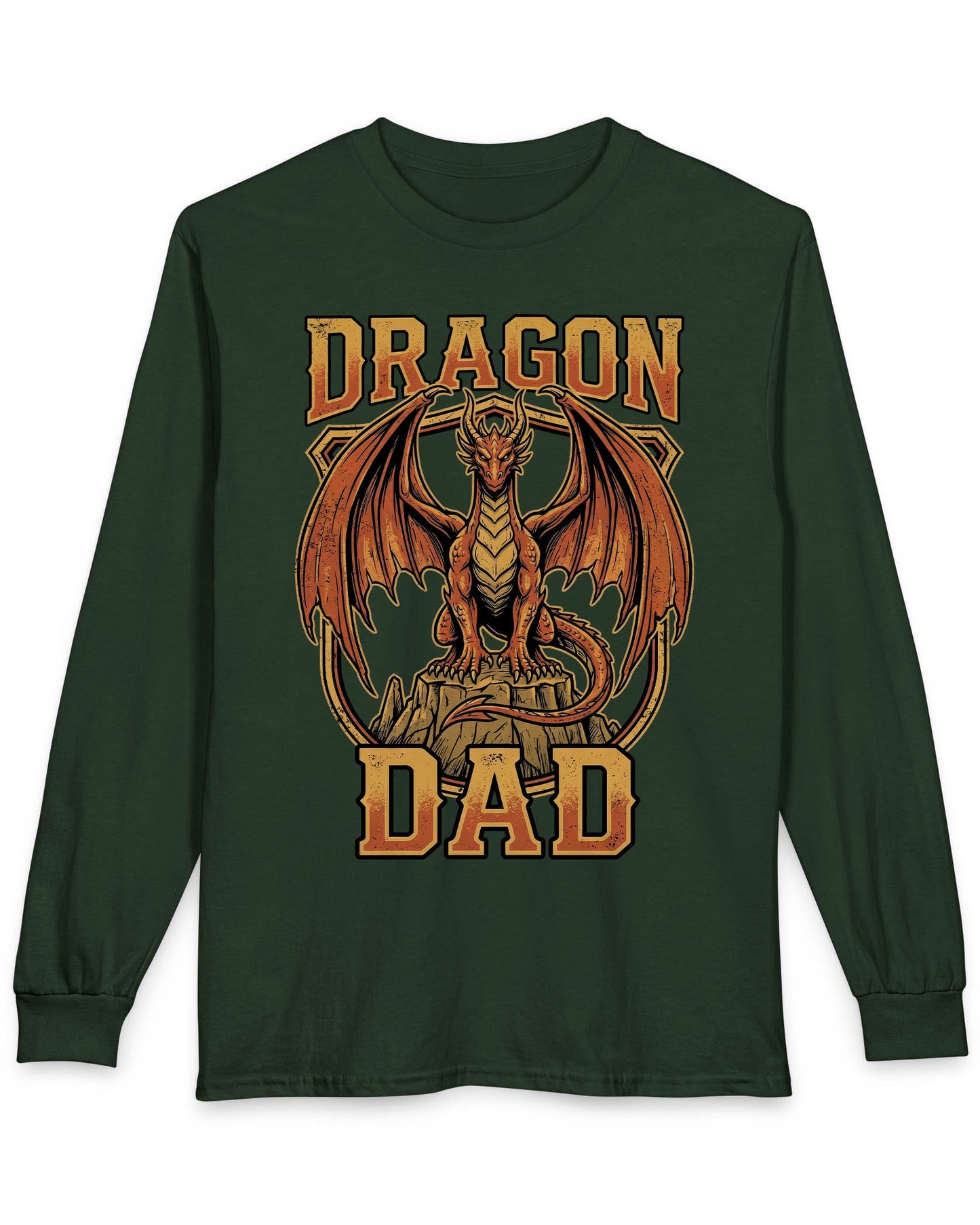 Vintage Dragon Dad shirt in forest green with a powerful orange dragon in distressed retro style for proud dragon dads