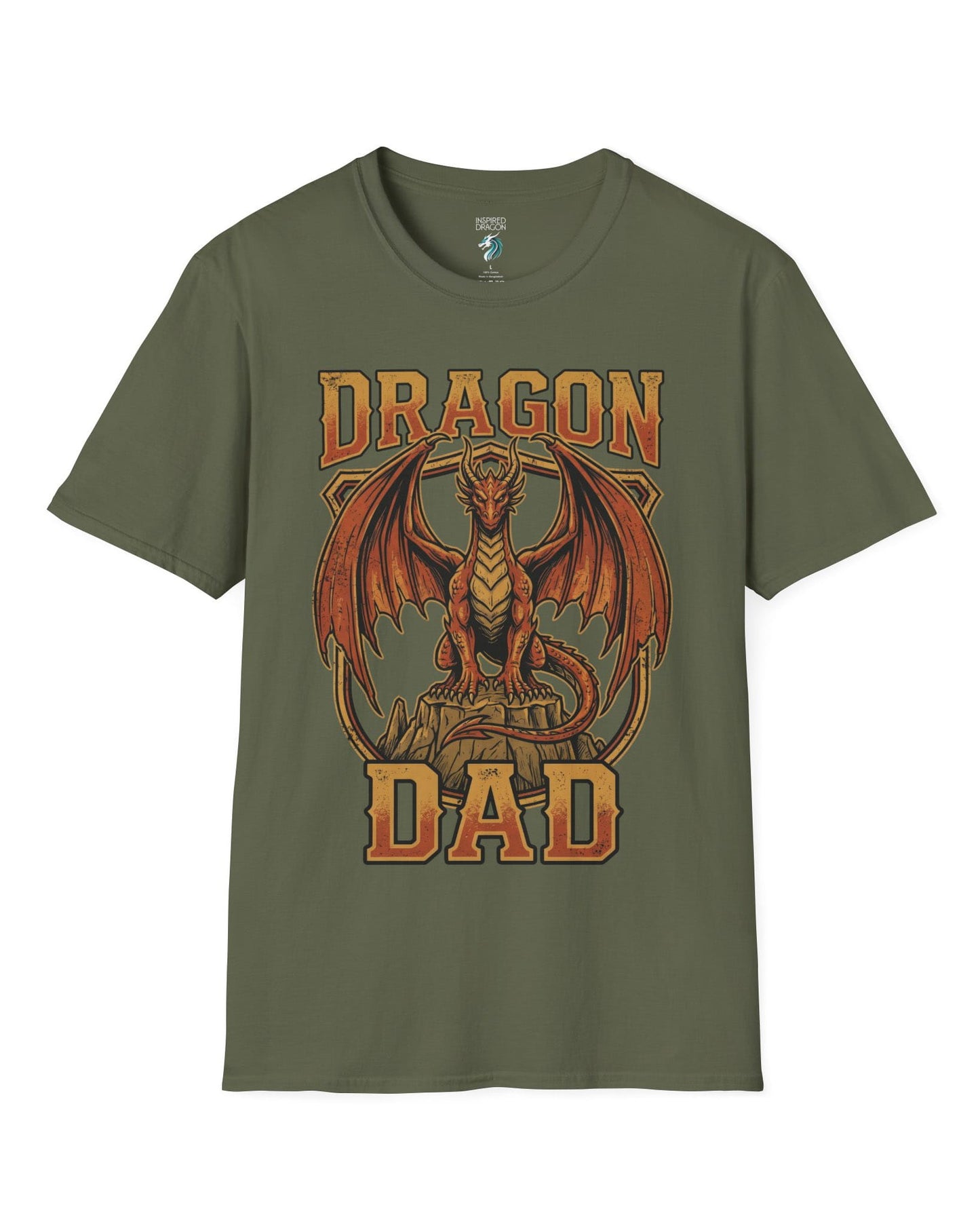 Vintage Dragon Dad shirt in military green with a powerful orange dragon in distressed retro style for proud dragon dads