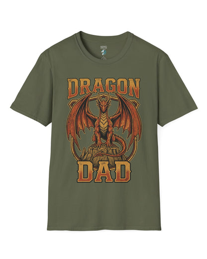 Vintage Dragon Dad shirt in military green with a powerful orange dragon in distressed retro style for proud dragon dads