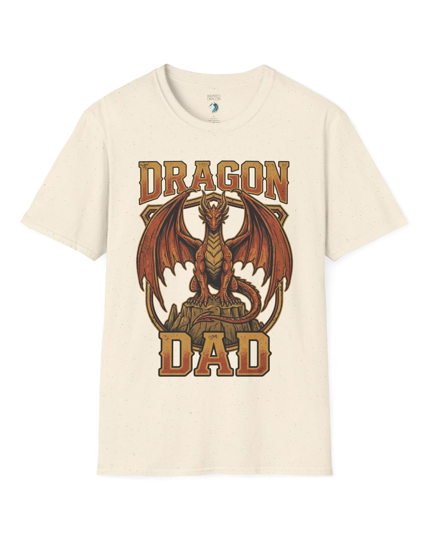Vintage Dragon Dad shirt in natural with a powerful orange dragon in distressed retro style for proud dragon dads