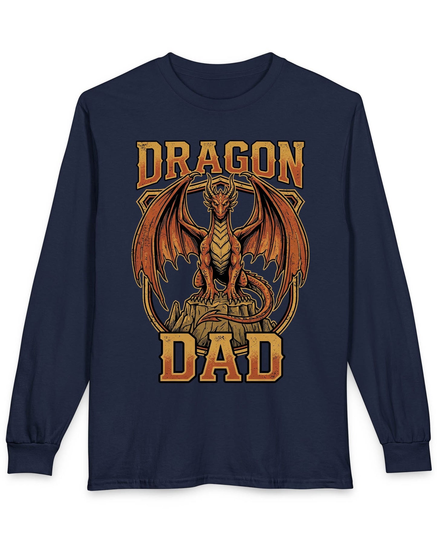 Vintage Dragon Dad shirt in navy with a powerful orange dragon in distressed retro style for proud dragon dads