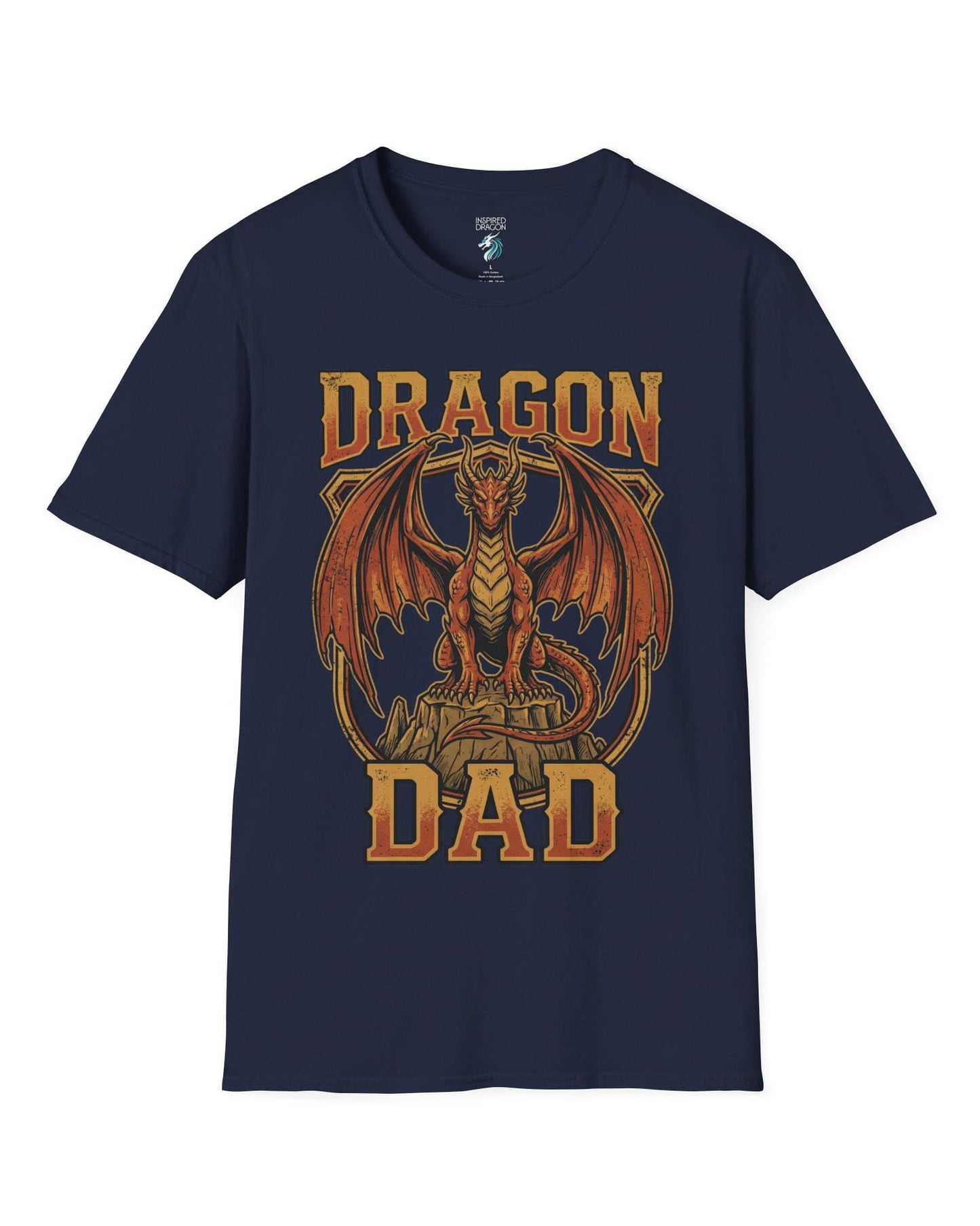 Vintage Dragon Dad shirt in navy with a powerful orange dragon in distressed retro style for proud dragon dads