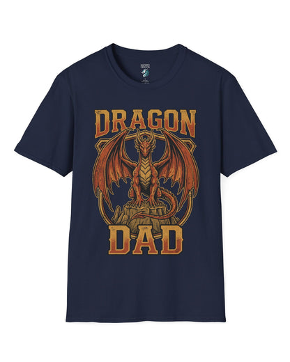 Vintage Dragon Dad shirt in navy with a powerful orange dragon in distressed retro style for proud dragon dads