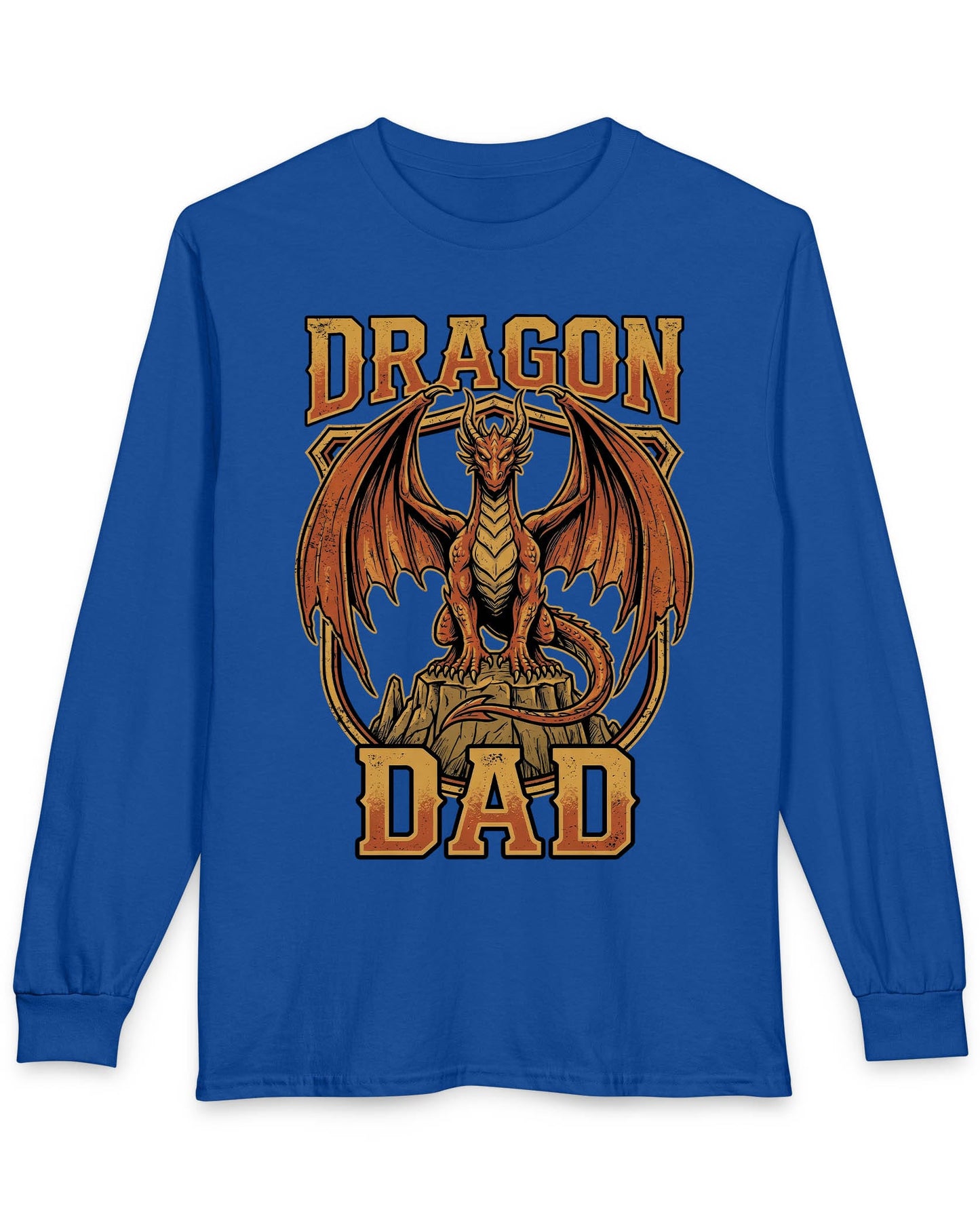 Vintage Dragon Dad shirt in royal blue with a powerful orange dragon in distressed retro style for proud dragon dads