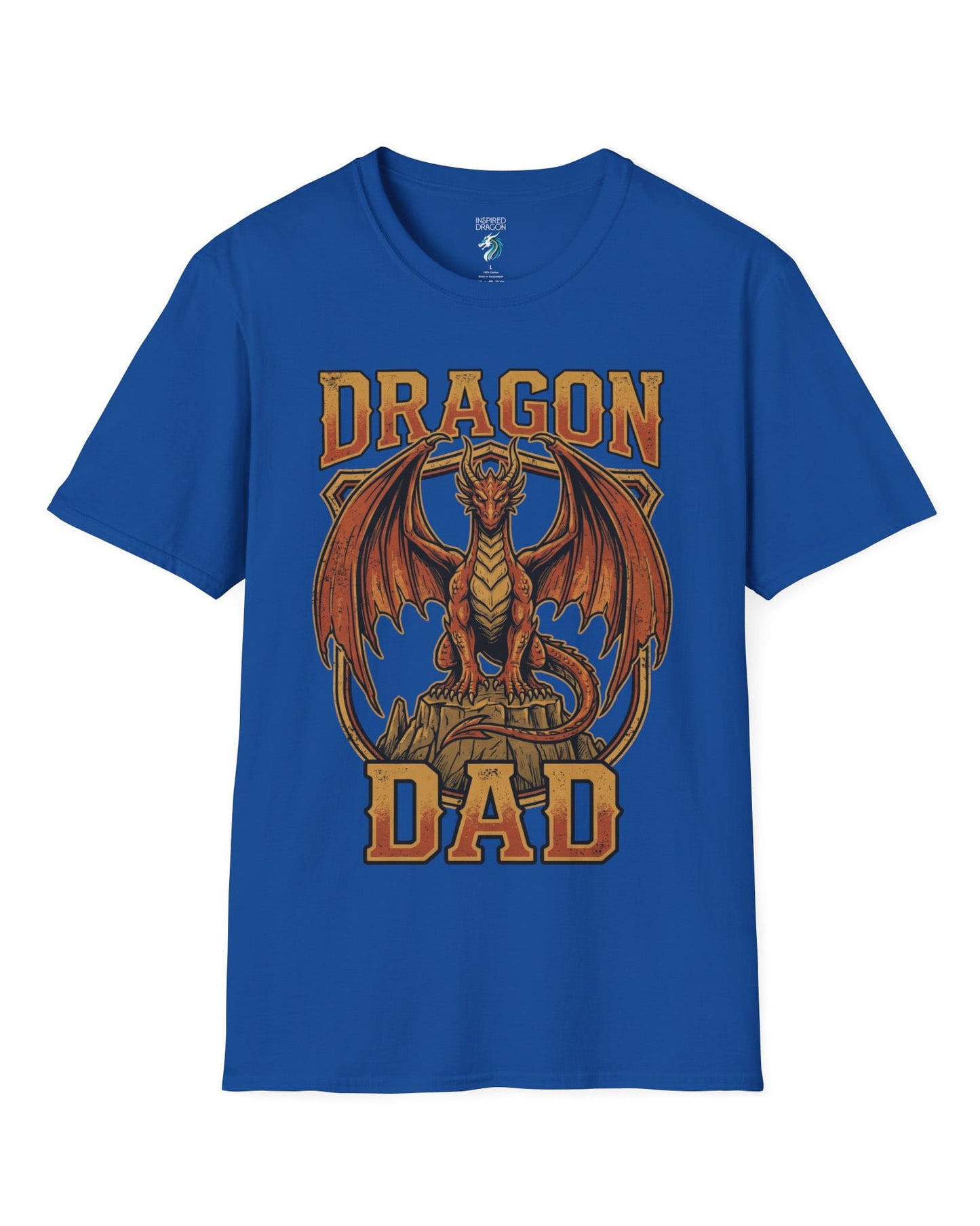 Vintage Dragon Dad shirt in royal blue with a powerful orange dragon in distressed retro style for proud dragon dads