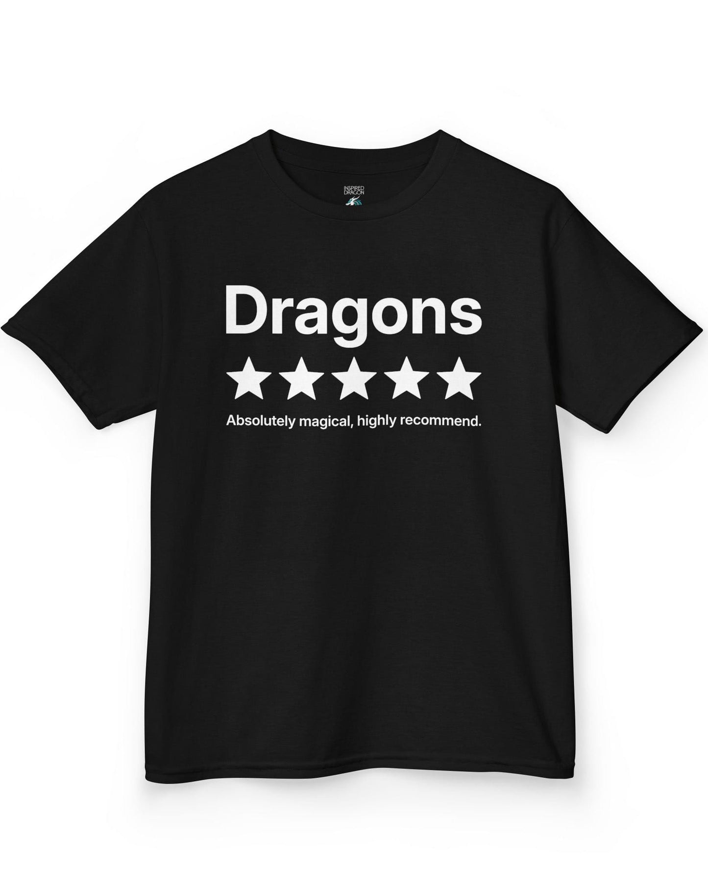 5-Star Dragons shirt in black with a playful review design declaring dragons absolutely magical and highly recommended
