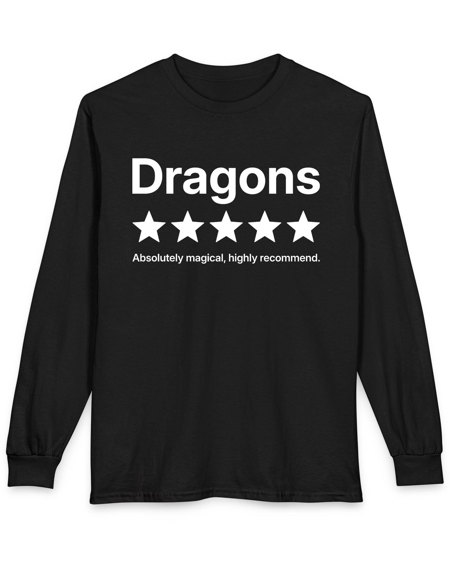 5-Star Dragons shirt in black with a playful review design declaring dragons absolutely magical and highly recommended