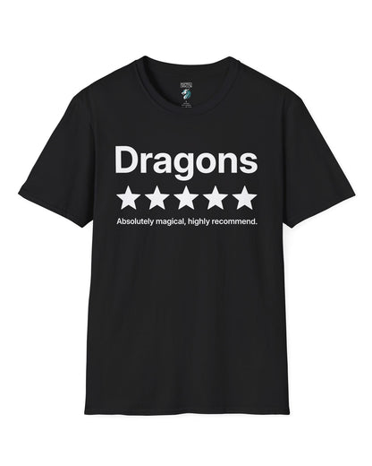 5-Star Dragons shirt in black with a playful review design declaring dragons absolutely magical and highly recommended
