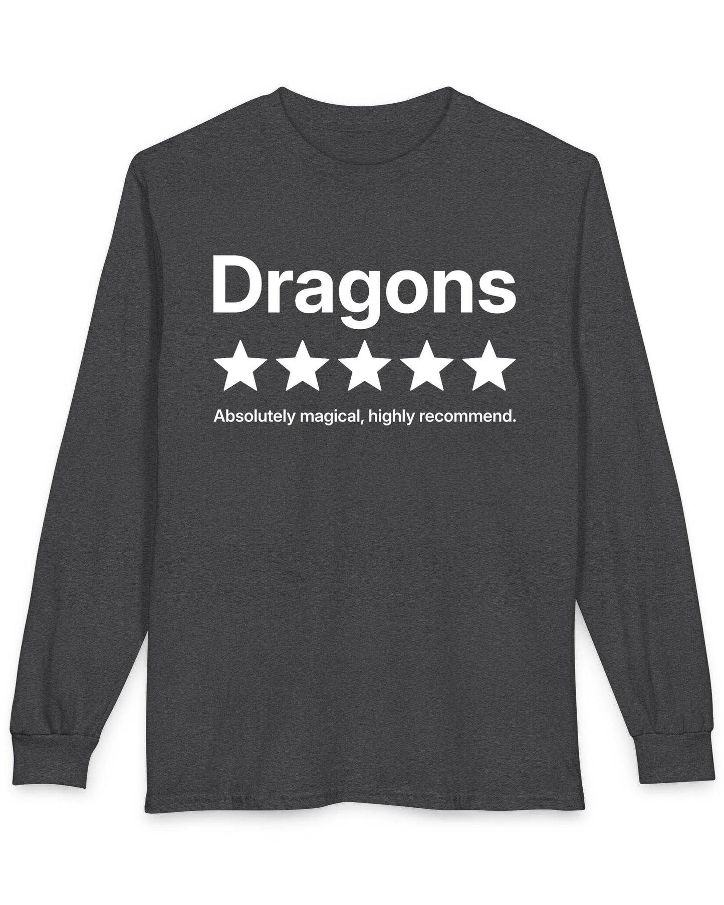 5-Star Dragons shirt in dark heather with a playful review design declaring dragons absolutely magical and highly recommended