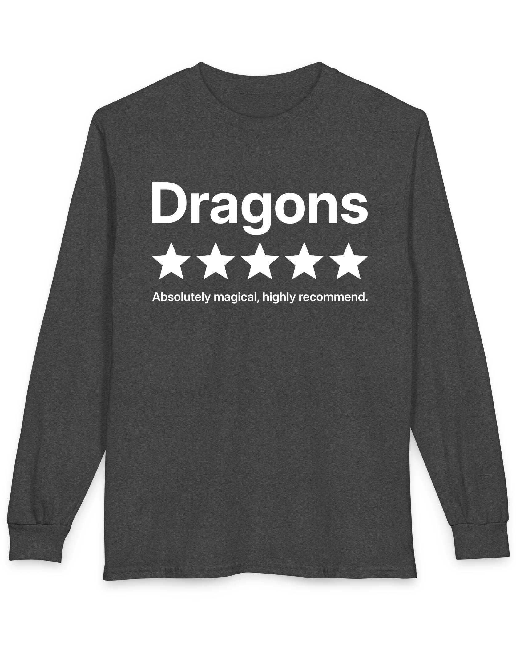 5-Star Dragons shirt in dark heather with a playful review design declaring dragons absolutely magical and highly recommended